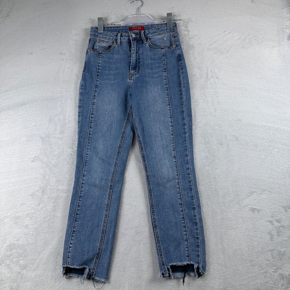 Guess Skinny Jeans Womens Size 26 Taper Leg Pintuck Distressed Mid Rise Blue